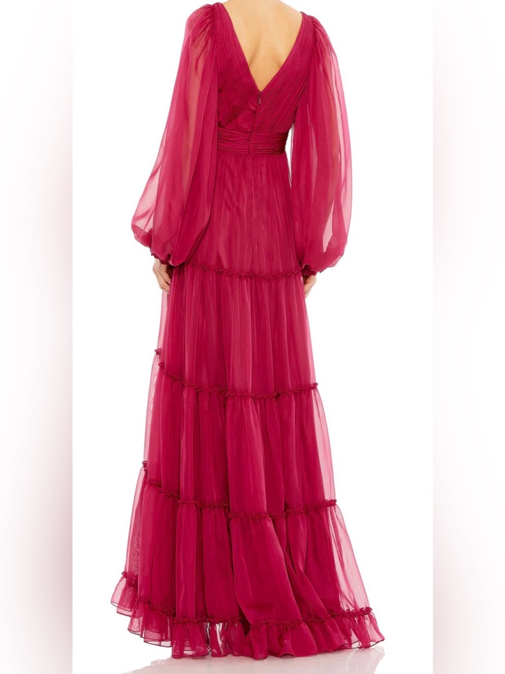 Mac Duggal Berry Ruffle Tiered Long Puff Sheer Sleeve A-Line Gown Size 16 NWT - Picture 2 of 16